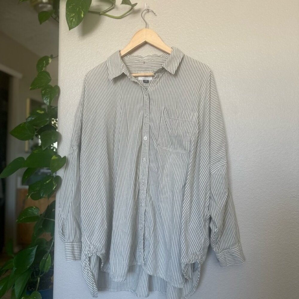 American Eagle Outfitters Olive Green Striped Oversized Fit Button Down Shirt